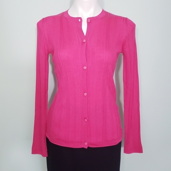 NWT St. John Super Fine Wool & Silk Ribbed Cardigan Flamingo - Picture 1 of 10
